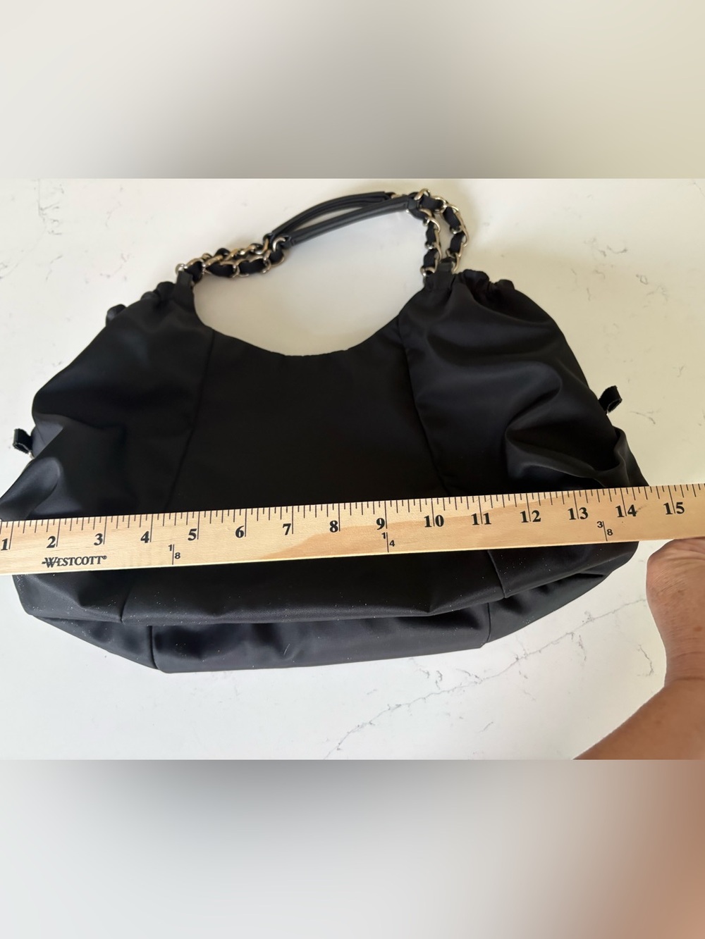 Salvatore Ferragamo Black Nylon Shoulder Bag with Chain-Detail Handles - Picture 11 of 13